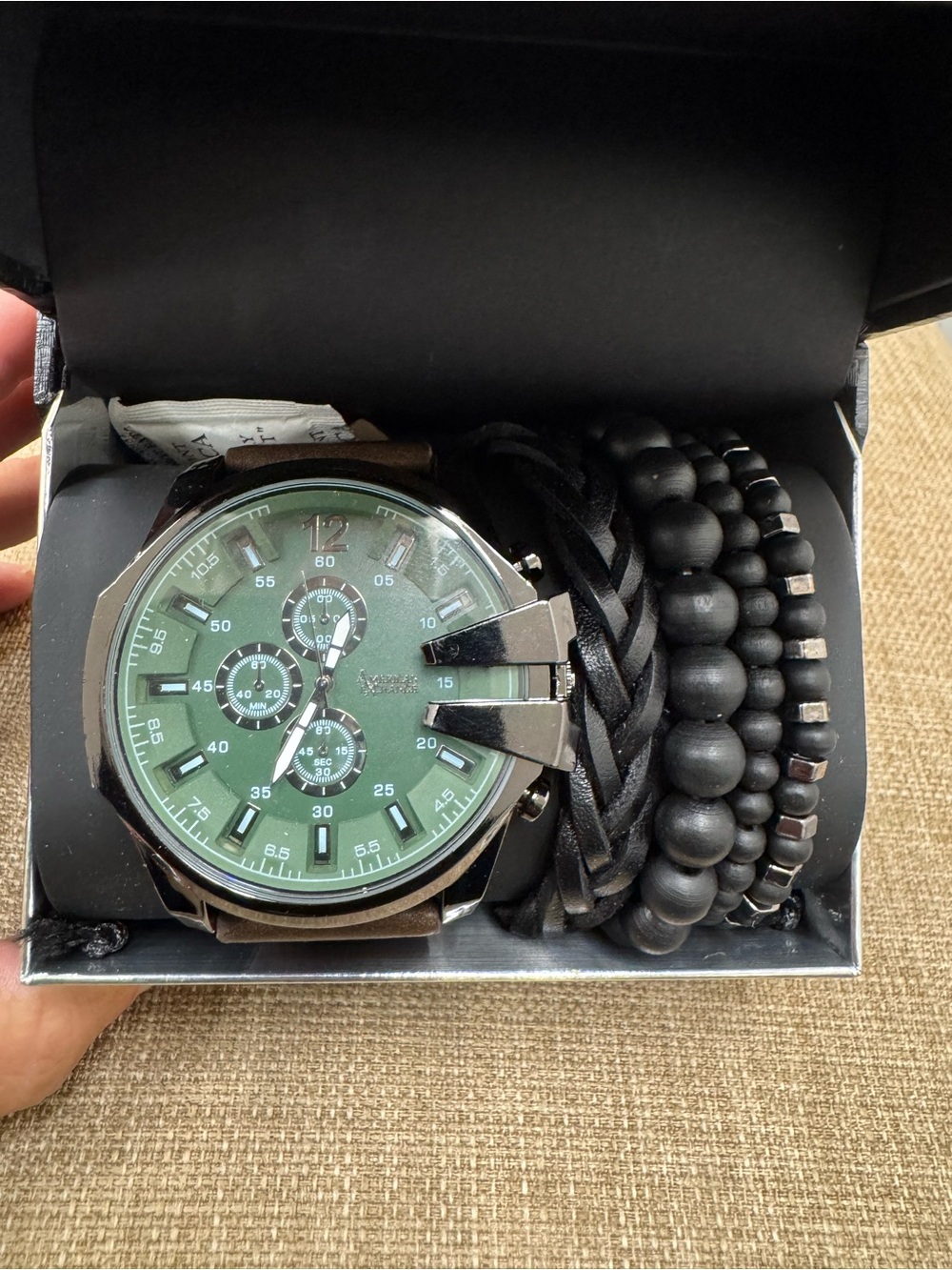 American Exchange Men's Wristwatch & Bracelet Set Green Dial Brown Leather Strap